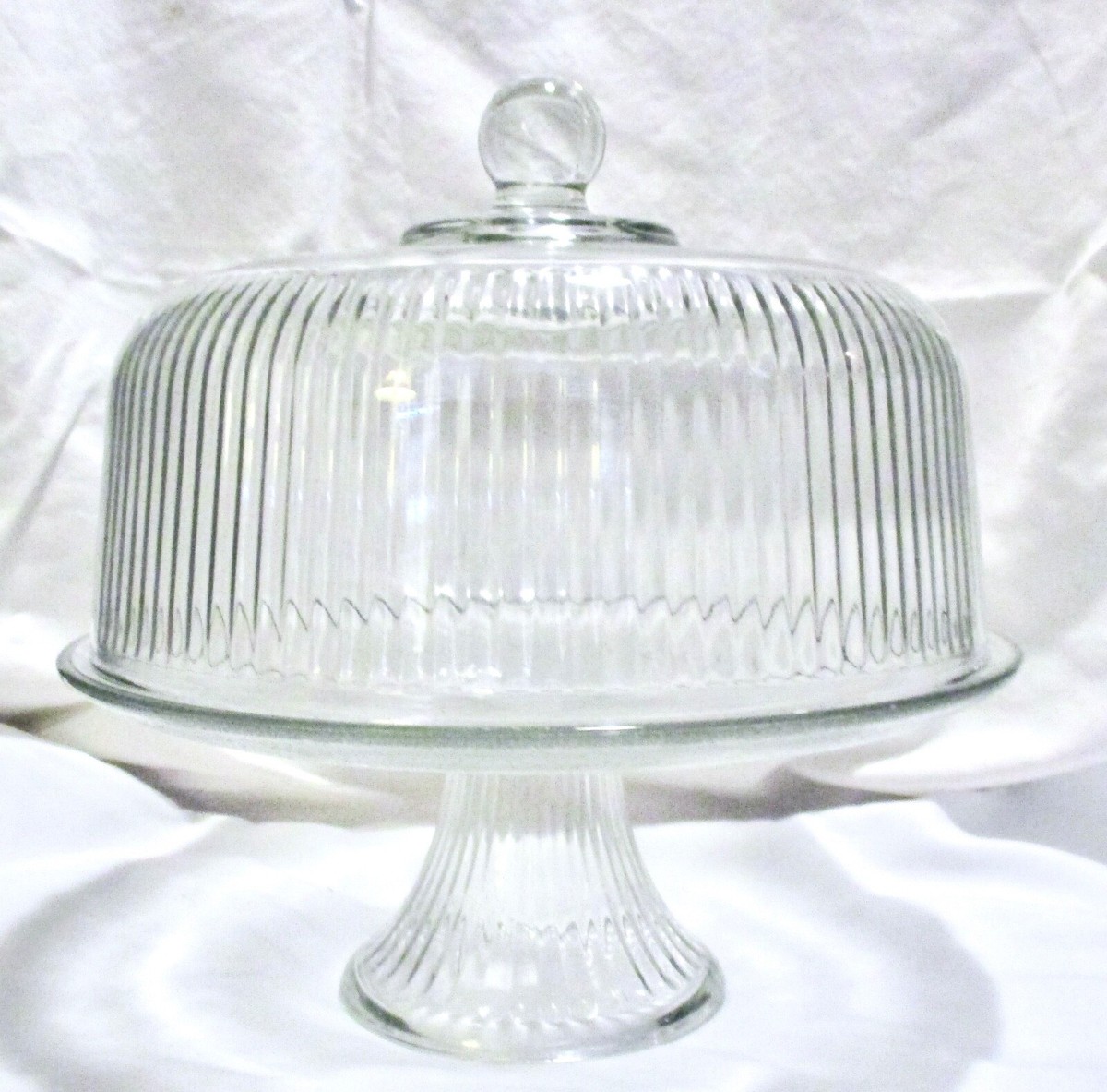 ANCHOR HOCKING CLEAR GLASS CAKE PLATE STAND WITH RIBBED DOME COVER