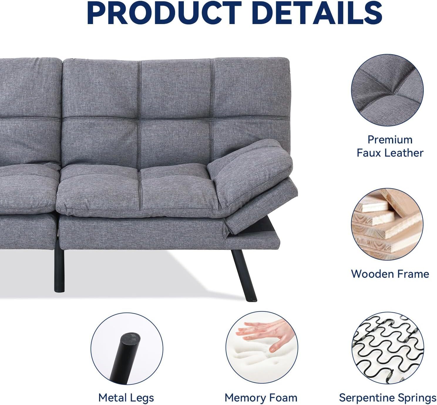 Convertible Futon Sofa Bed Memory Foam Futon Sofa Loveseat for Living