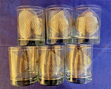 Set of 6 Vintage  Georges Briard?? Gold Stripe Diamond MCM 4” On the Rocks Glass