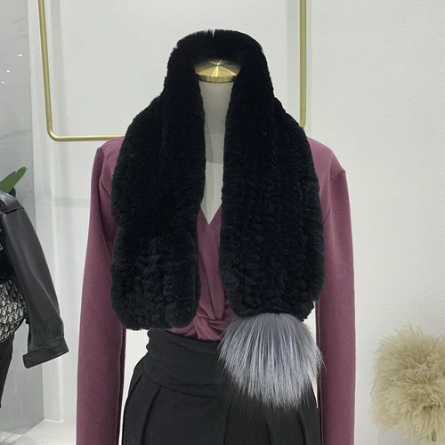 Real Rex Rabbit Fur Scarf Winter Warm Neckerchief Fox Fur Pom pom Fluffy Soft - Picture 15 of 24