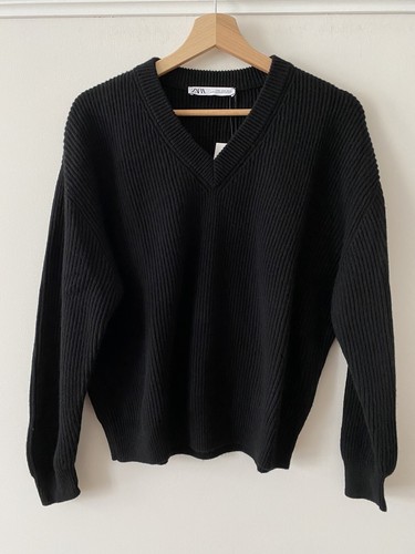 ZARA Black Ribbed V-neck Oversized Wool 