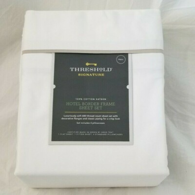 6 pc Threshold Signature 600 TC Birch Hotel Border Frame Full Sheet Set NIP