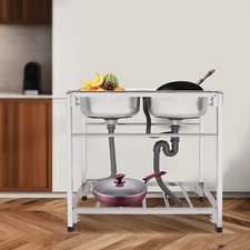 17.3" Commercial Stainless Steel Sink Double Bowl Utility Sink W/ Filter Basket