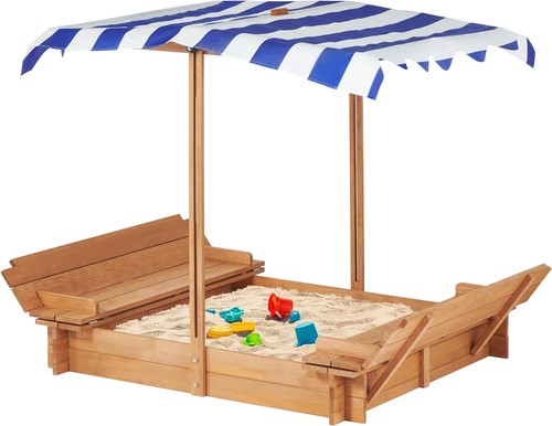 Kids Sandbox w/Adjustable Cover,46'' Wooden Sand Box w/2 Foldable Bench Seats,O