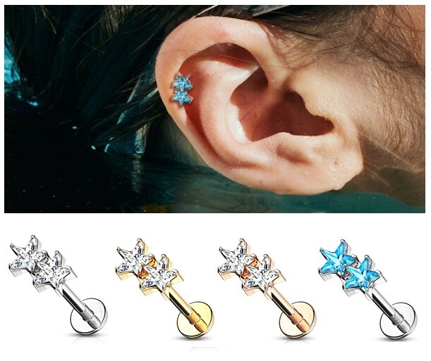 Crystal Double Star Cartilage Tragus Helix Earring Upper Ear