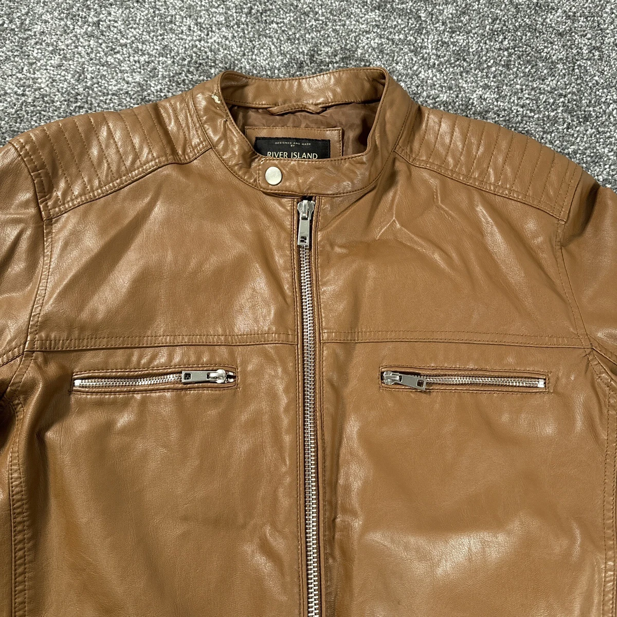 River Island Jacket Mens Large Brown Bomber Faux Leather High Neck