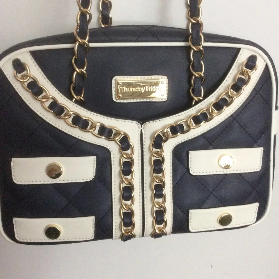 Nearly New $175 Navy Leather Satchel Thursday Friday Bag EUC - Image 2 of 4