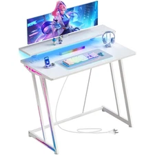 32" Small Gaming Desk with LED Lights & Power Outlets, Compact Computer Desk w