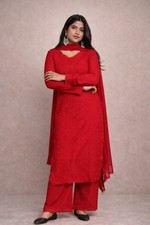 Women Faux Georgette Embroidered Kurta Palazzo Dupatta Set Indian Ethnic Wear