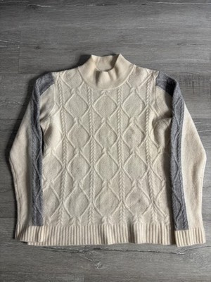 Neiman Marcus Cashmere Sweater Womens XL White Mock Neck Cable Argyle Pullover