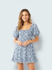 Mini Dress Blue White Floral Square Neck Puff Sleeve Ruffle Smocked S