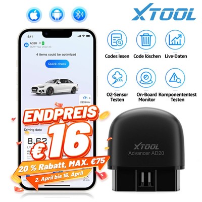 XTOOL AD20 OBD2 Diagnosegerät Bluetooth Scanner Auto Codeleser FehlerAuslesen DE