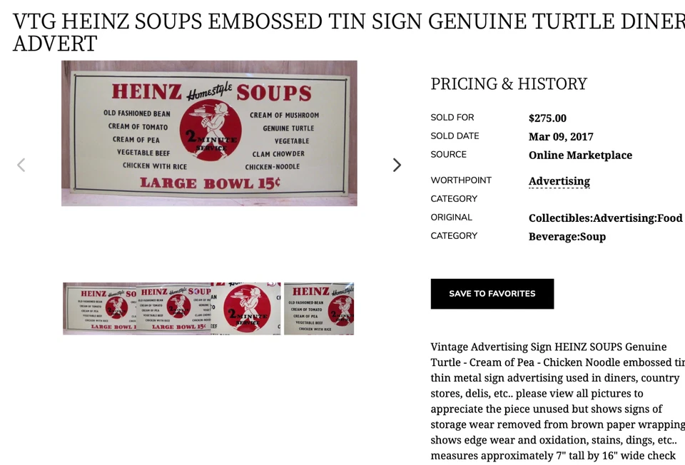 VINTAGE ANTIQUE ORIGINAL HEINZ HOMESTYLE SOUP 2m SERVICE 15c BOWL 16" METAL SIGN - Image 3 of 4