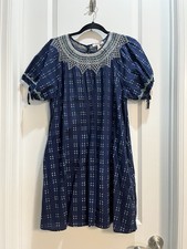 NWT Madewell Blue Checked Round Embroidered Neck Short Puffed Sleeve Pockets Med