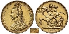 Victoria 1887-M Sovereign, Melbourne, hooked J, DISH M2 R5