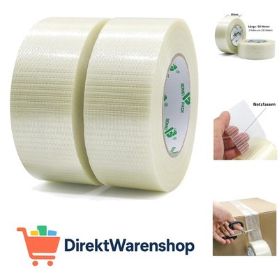 2 Rollen 50mmx50m Filament-Klebeband, Transparent extra starkes Packband in P...