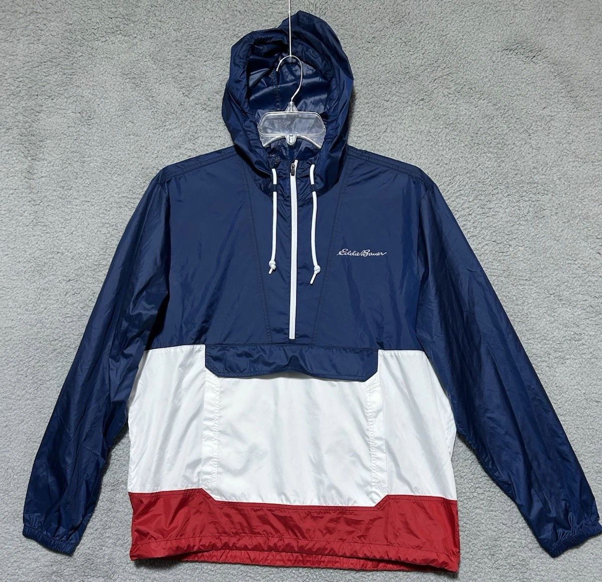 Eddie Bauer Anorak Pullover Jacket Mens L Colorblock Hooded Lightweight Packable