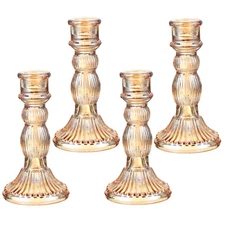 Glass Candlestick Holders, 4 Pcs Striped Gourd Taper Candle Holders, Amber