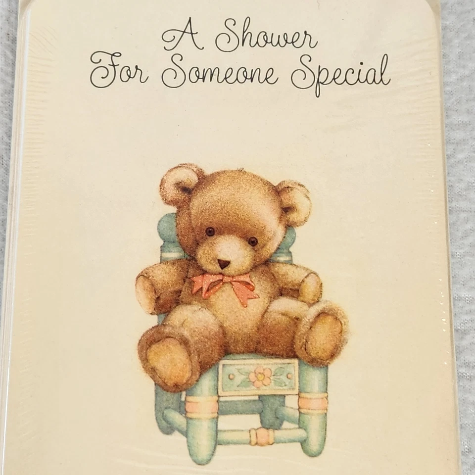Convites de chá de bebê vintage Hallmark ursinho de pelúcia 8 gênero total neutro NOVO - Imagem 3 de 4