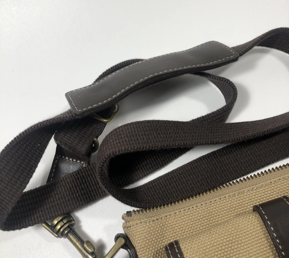 Bolso de mano Eddie Bauer de lona tostada de cuero con cremallera Bolso Bandolera Correa para el hombro en muy buena condición Foto 3 de 4