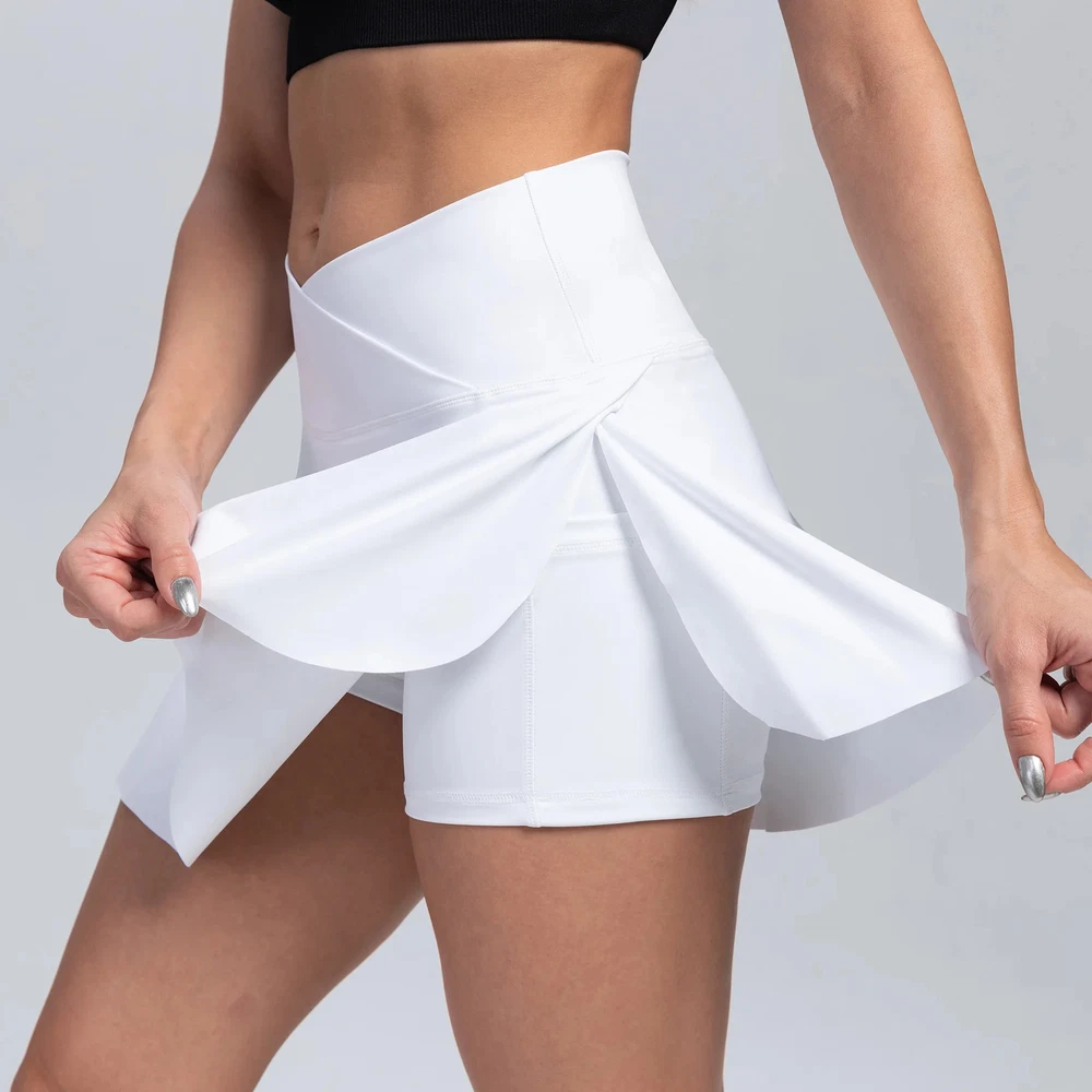 Pleated Tennis Skirt with Pockets Shorts Athletic Skirts Crossover High Waisted