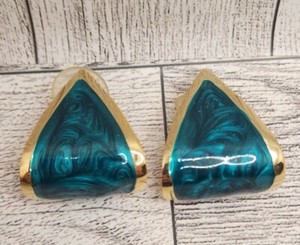 Authentic Vintage Green Swirl Enamel 14kt Gold Plated Triangle Stud Large Retro Earrings