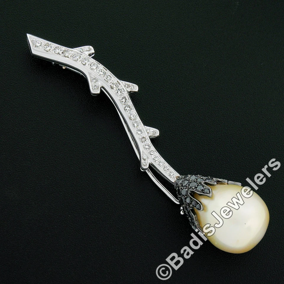 18k White Gold South Sea Pearl w/ 2.48ct White & Black Diamond Flower Brooch Pin - Image 2 of 4