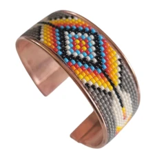 Native American Style Copper Seed Beaded Adjustable Bracelet Cuff Gray Feather