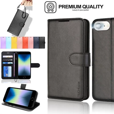 TECHGEAR For iPhone SE 2022 2020, iPhone 8 7 6 Leather Flip Card Wallet Stand Case Cover