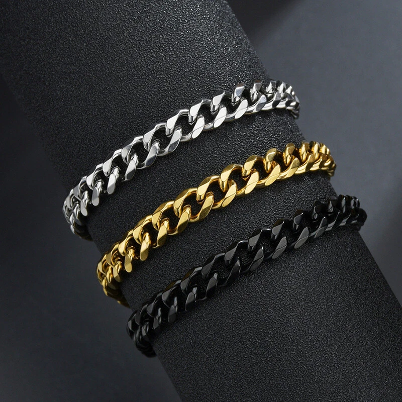 Punk Men 3 5 7mm Stainless Steel Cuban Link Bracelets Black Gold Wrist Jewelry