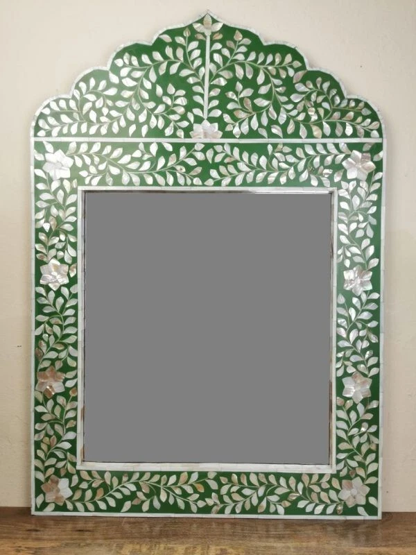 Espejo con incrustación de fregona con patrón floral, espejo con incrustación de hueso hecho a mano, espejo verde Foto 2 de 4