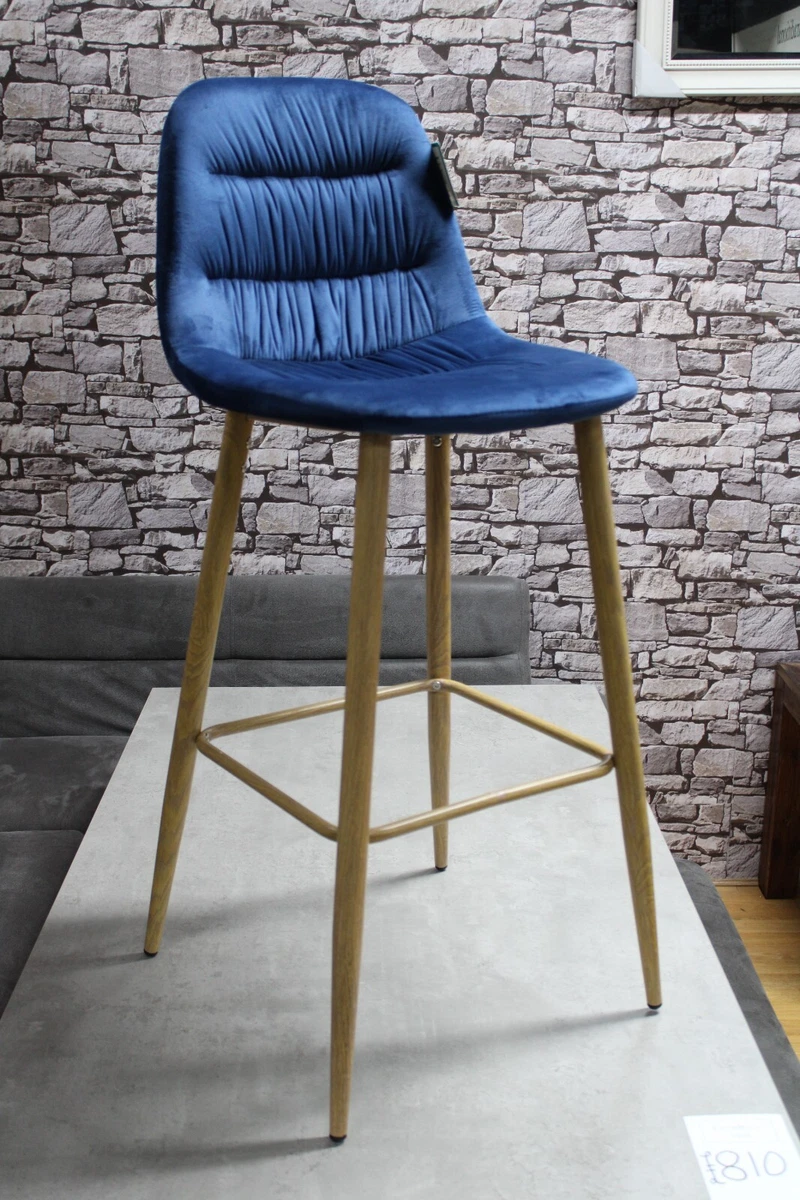 New 4 x Metal Oak Blue Velvet Fabric Assembled Bar Stools Chairs