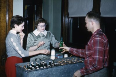 Kodak Slide 1950s Red Border Kodachrome Young Women Getting Drinks at Party