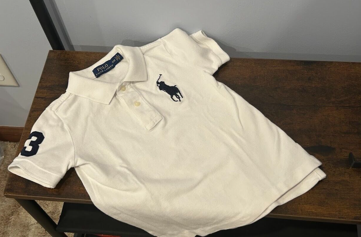 Polo Ralph Lauren bianca blu royal big pony rugby shirt #3 patch bambino taglia 3T