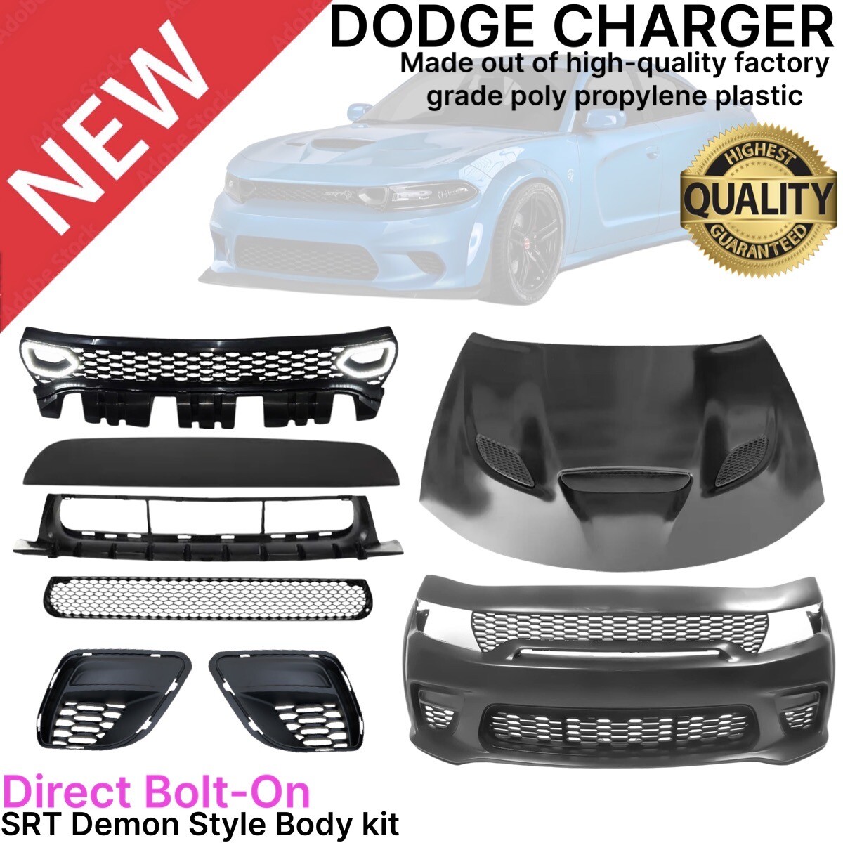 Front Bumper W/Grille + 15 style Hellcat Hood For 2015-2023 Dodge