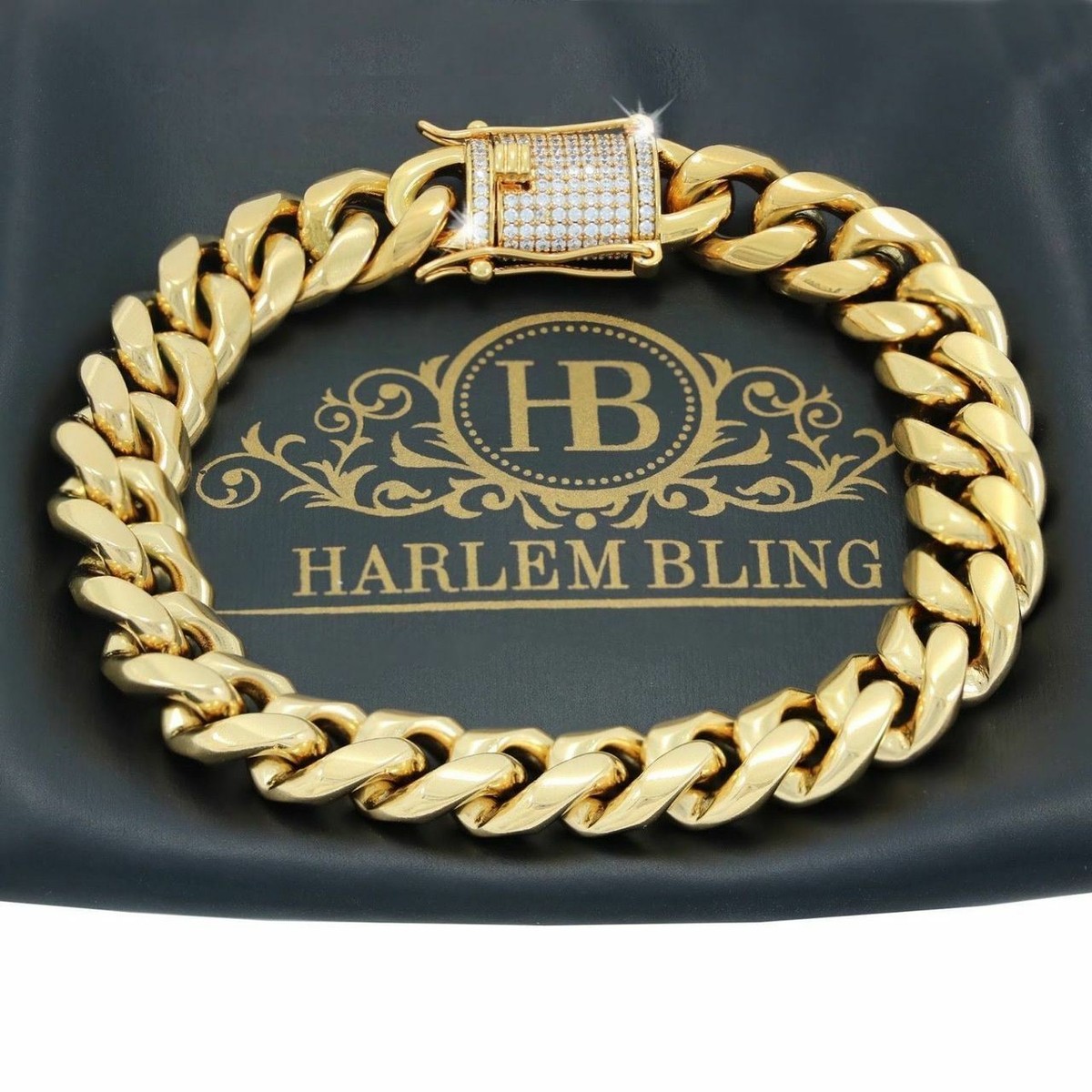 Mens Miami Cuban Link Bracelet 18k Gold Plated 12mm Thick Iced CZ