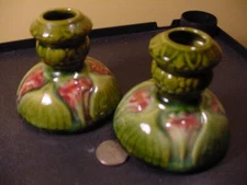 Vintage Arts & Crafts Brush-McCoy multi-color Pair Amaryllis Candle Holders
