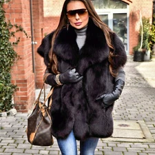 Women Full Skin Nature Real Fox Fur Vest Warm Winter Gilet Coats Lapel Waistcoat