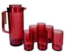 TUPPERWARE PRELUDIO PITCHER AND  SET OF 6 CRANBERRY 14 Oz Acrylic Tumblers