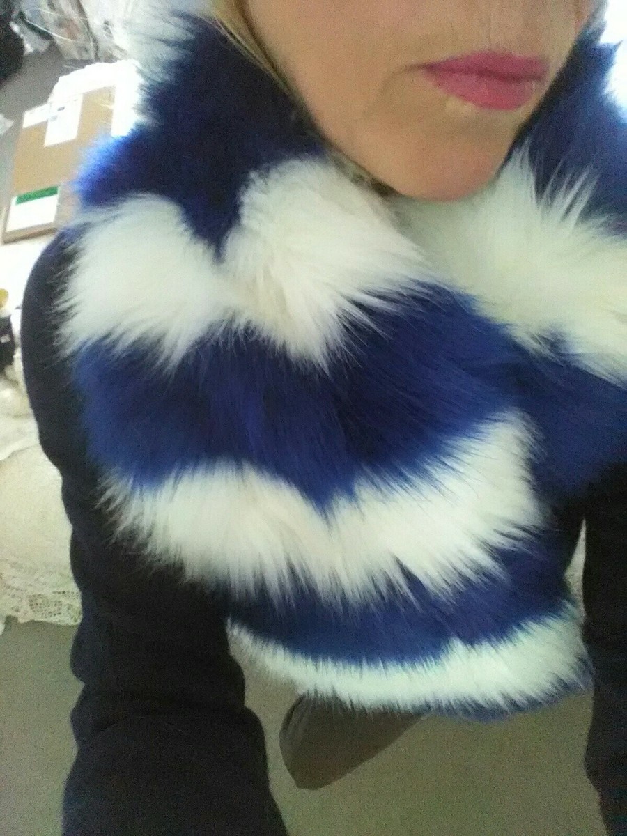 Charlotte Simone Faux Fur Blue White Candy stripe Scarf silk Lining Bnwt