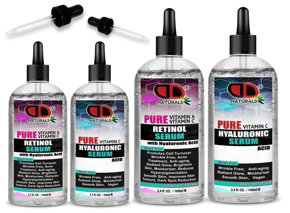 100% Pure HYALURONIC ACID Serum Gel & Retinol Serum for Face, Hair, Body UK made