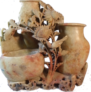 Antique 9" Carved Soapstone Chinese Incised Brush Pot Vase Bird Flowers 3 Wells