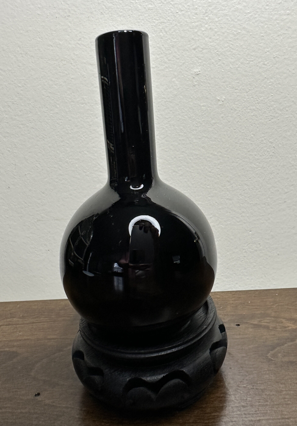 Twos Company Hand Blown Glass 4 1/2" Bud Vase Pure Black W/ Wooden