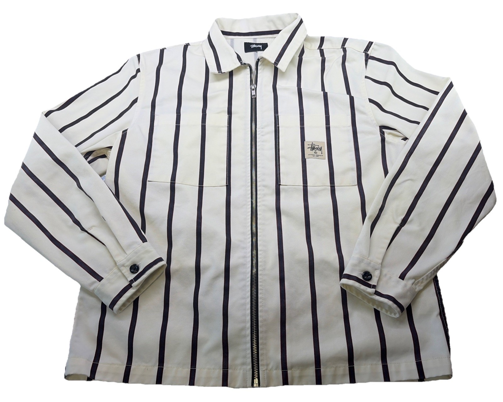 Stussy Work Wear Collard Zip Up Painters Jacket Cream Pinstriped Sz Medium Rare