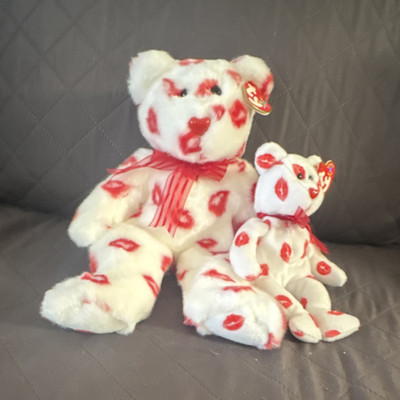 Ty Beanie Buddy Smooch White Bear Plush Red Kiss Print Hearts w/ Hang Tag 2001