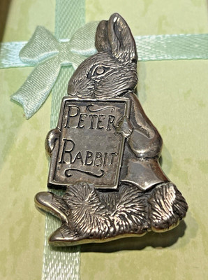 Vintage Sterling Silver .925 Beatrix Potter Peter Rabbit & Book Brooch 2'' Tall