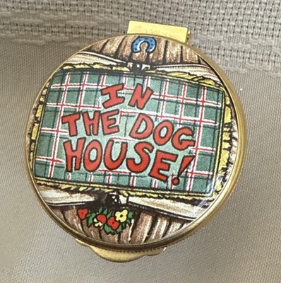 Vintage Alastor Enamel Trinket Box Pill Box~English Mfg~In the Dog House  1.5  