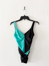 Vintage 90s Speedo Aqua  Black V Neck Low Scoop Back One Piece Swimsuit