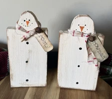 2 Wooden Snowman Christmas Decor Country Primitive Farmhouse Rustic Shelf Sign