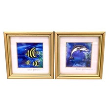 Dipinto smaltato firmato vintage Doris Gilmour Scozia 4x4 incorniciato delfino costiero